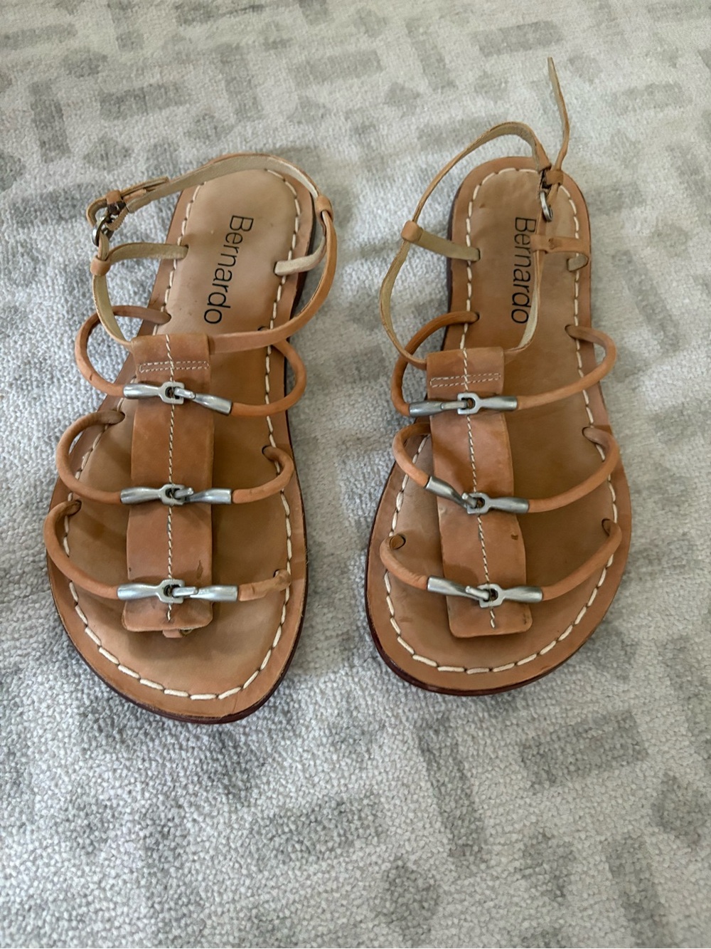 Bernardo Cognac Leather Multi-Strap Sandals with Silver Accents